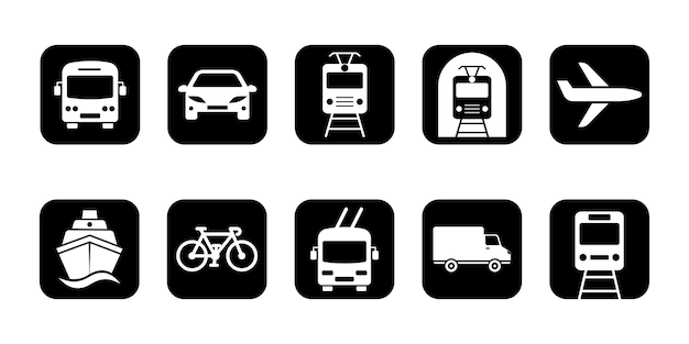 set of transports vector icons black silhouette with bus car tram metro plane train ship
