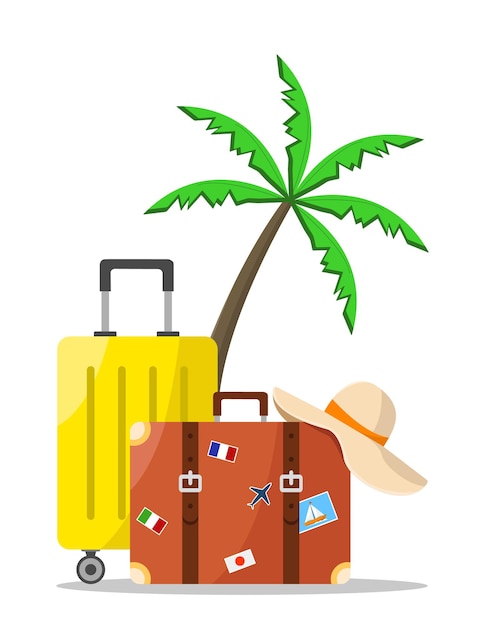 Set of travel suitcases for travel and vacation Hat and palm tree Tourism concept
