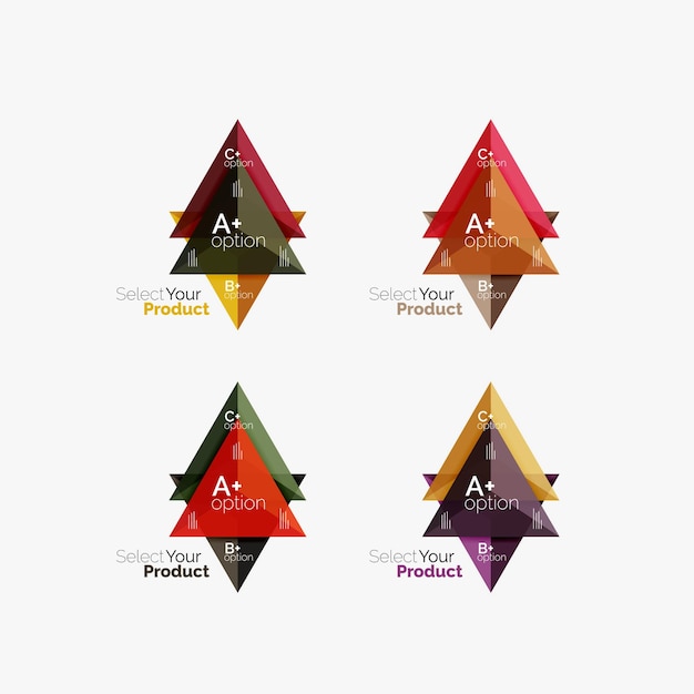 Set of triangle layouts with text and options Elements of business brochure infographic presentation background and web design navigation template Select your product concept make a choice idea