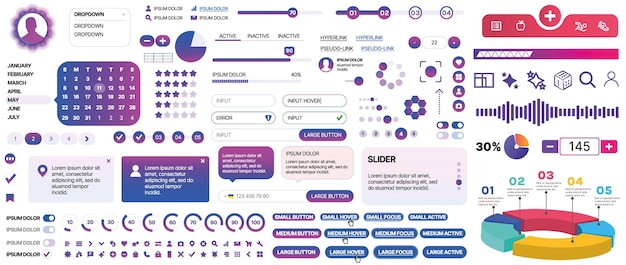 Set of UIUX elements for websites and mobile applications buttons forms menus panels