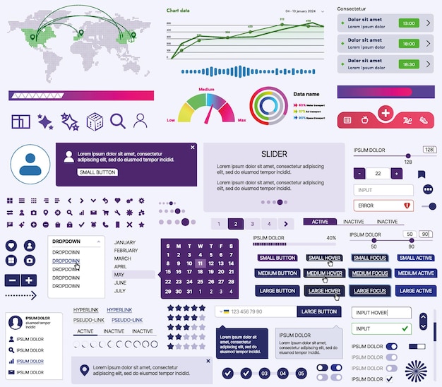 set of uiux elements for websites and mobile applications buttons forms menus panels