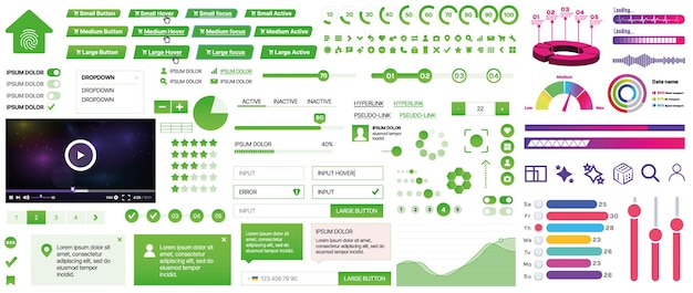 Set of UIUX elements for websites and mobile applications buttons forms menus panels