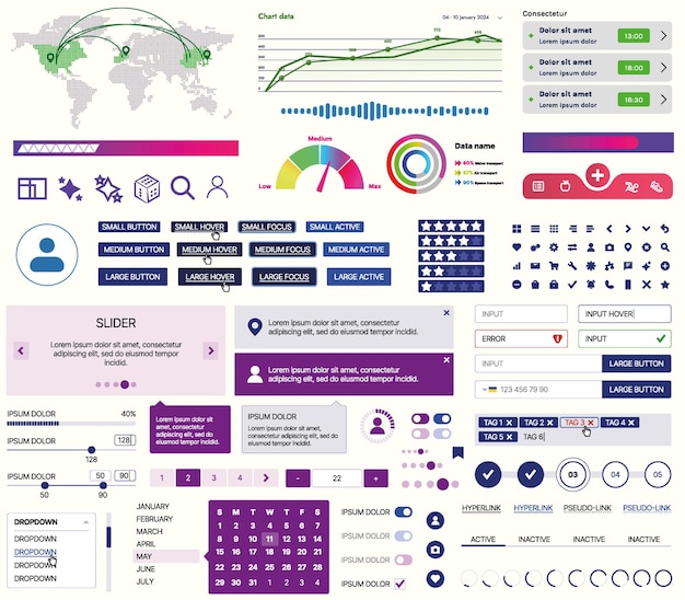 set of uiux elements for websites and mobile applications buttons forms menus panels
