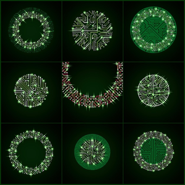 Set of vector abstract luminescent technology elements, round green gleam circuit boards with sparkles. High tech circular digital schemes of electronic device, multidirectional arrows.