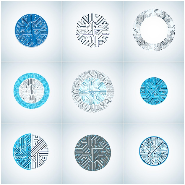 set of vector abstract technology elements with round blue circuit boards. high tech circular digital schemes of electronic device, multidirectional arrows.