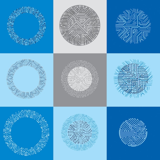 Set of vector abstract technology elements with round colorful circuit boards. High tech circular digital schemes of electronic device, multidirectional arrows.