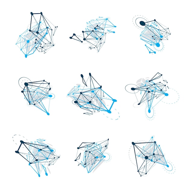 Set of vector dimensional wireframe low poly objects, facet shapes with grid. Technology 3d mesh elements collection can be used in communication technologies theme.