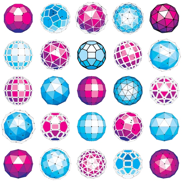 Set of vector dimensional wireframe low poly objects, spherical facet shapes with grid. Technology 3d mesh elements collection can be used as design forms in engineering.