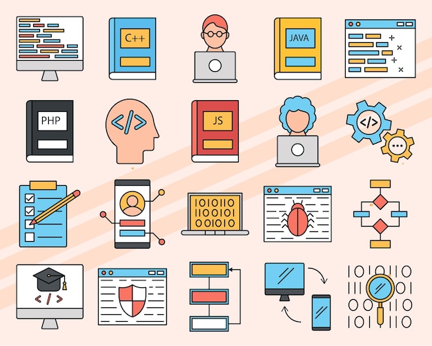 set of vector icons related to programming and coding including computers and code symbols