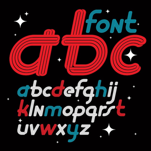 Set of vector italic lower case funky English alphabet letters isolated, can be used in retro poster design as karaoke party advertising.