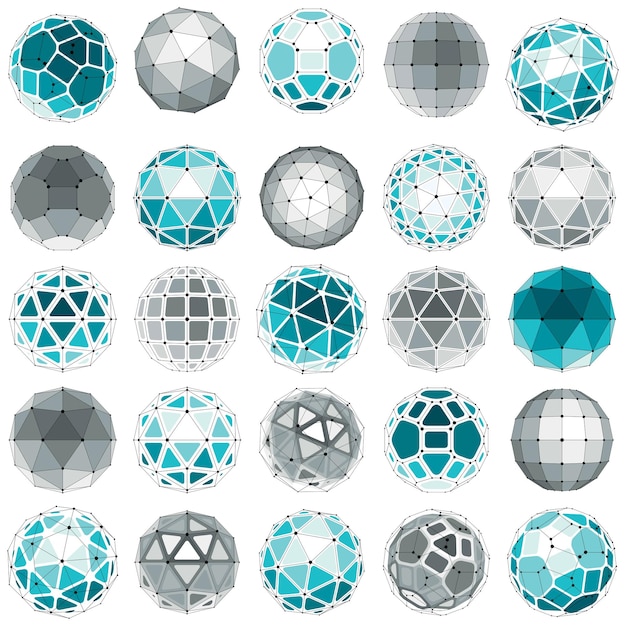 Set of vector low poly spherical objects with connected lines and dots, 3d geometric wireframe shapes. Perspective trigonometry facet orbs created with triangles, squares and pentagons.