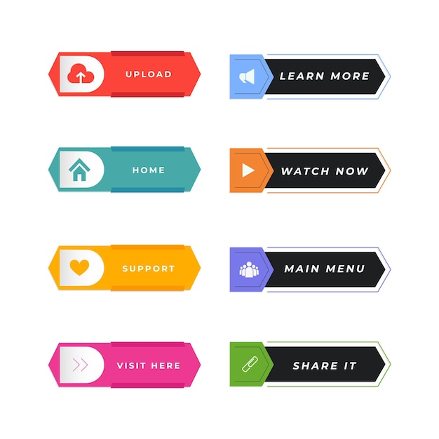 Set of vector modern trendy flat buttons Different colors of main shapes and icons with black outli