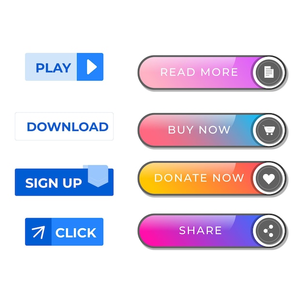 set of vector modern trendy flat buttons different colors of main shapes and icons with black outli