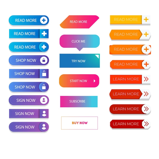 set of vector modern trendy flat buttons different colors of main shapes and icons with black outli