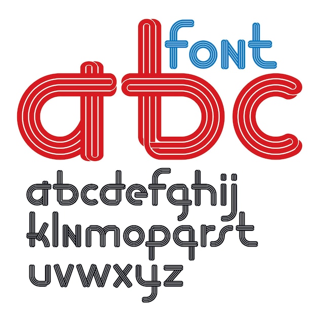 Set of vector rounded lower case funky alphabet letters isolated with parallel lines, can be used for logo creation in entertainment business.