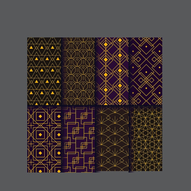 Set of vector seamless luxury patterns Collection of ornamental patterns in navy blue and gold colo