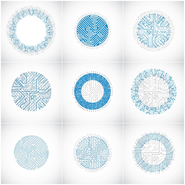 Set of vector technology cpu designs with square and circular blue microprocessor schemes. Computer circuit boards with multidirectional arrows, digital elements.
