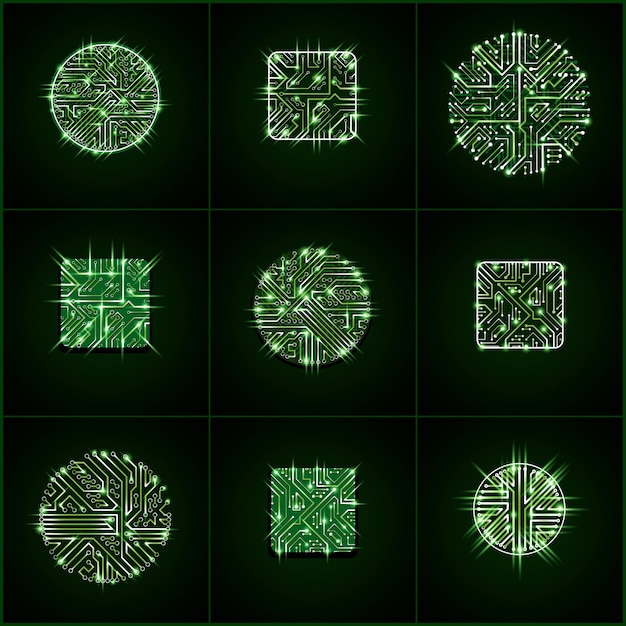 Set of vector technology cpu designs with square and circular luminescent microprocessor schemes. Computer circuit boards, digital elements with flash effect.