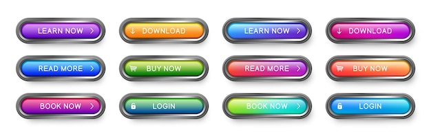 Set of vector web buttons Abstract glass buttons with metallic frame for use in website apps and games Design elements collection for UI