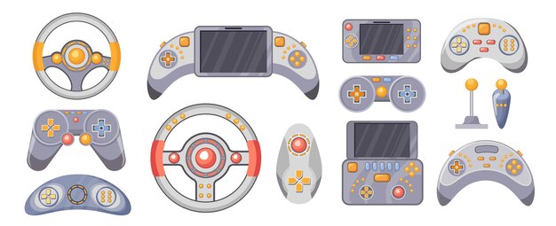 Set of Videogame Joysticks. Consoles, Gamepads for Playing Video Games, Wireless Gaming Gadgets, Gamepad, Steering Wheel