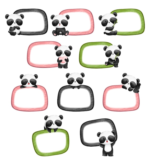 Set of Watercolor Cute Panda frame
