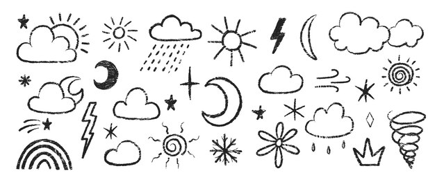 Set of weather symbols with crayon chalk and pastel texture