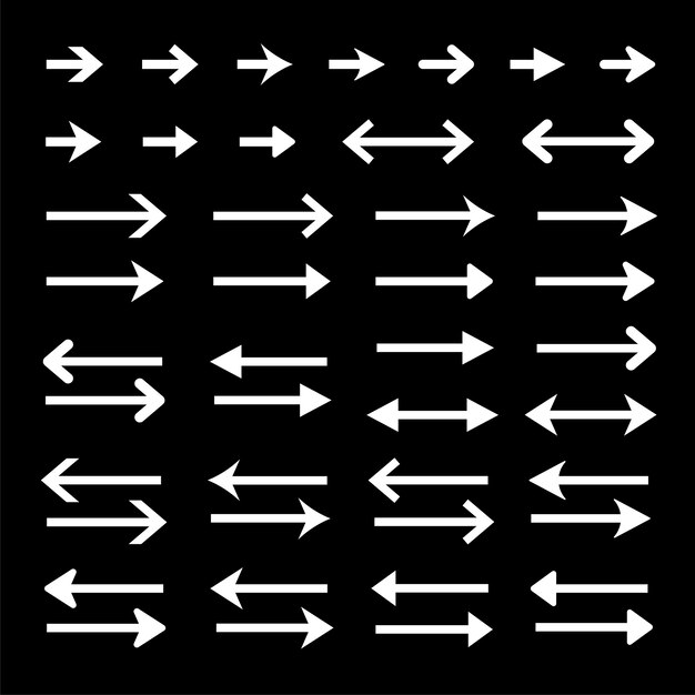 Set of white arrows on black background Various arrow designs including left right up and down Simple arrow icons for navigation and direction Element vector set