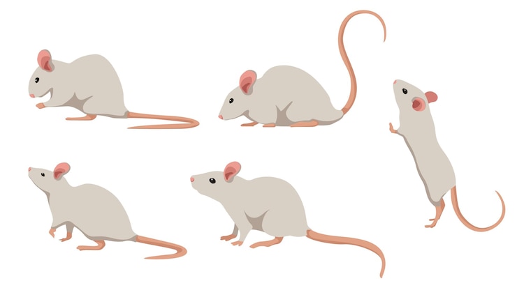Vector set of white mouse in a different angles and emotions in a cartoon style vector illustration of herbivorous animals isolated on white background