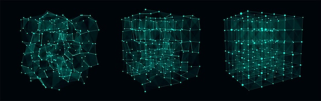 Set of wireframe cubes from different sides Vector abstract geometric 3D objects Technology