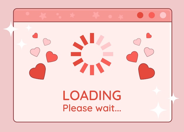 Set of Y2K Valentine Day retro computer window loading display with hearts symbols and text
