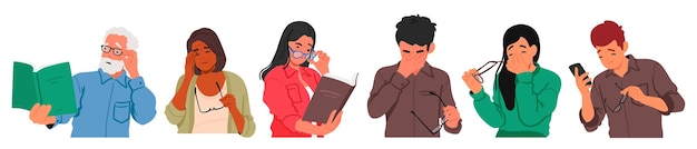 set of young and old people with tired or sick eyes male and female characters with vision problems experience blurred vision difficulty focusing or reduced eyesight cartoon vector illustration