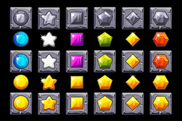 Set Precious stone icons on stone square.