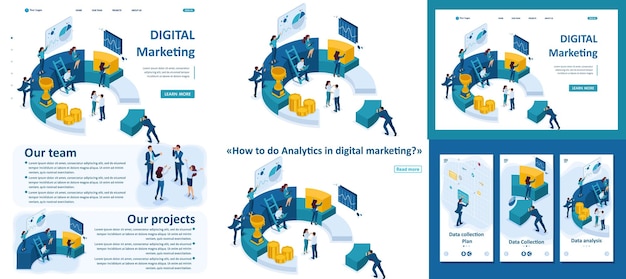 Set Template article Landing page app design Isometric Businessmen make a report on digital marketing