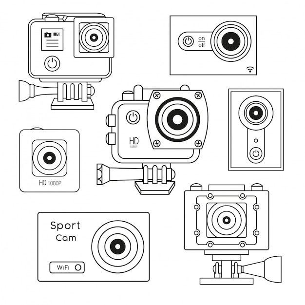 set the sport camera, action camera isolated on white background.