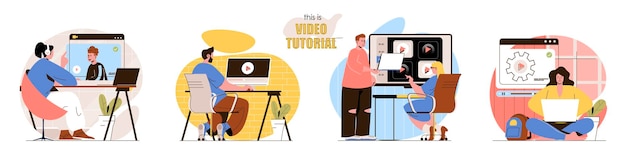 Set video tutorial flat design concept illustration of people characters