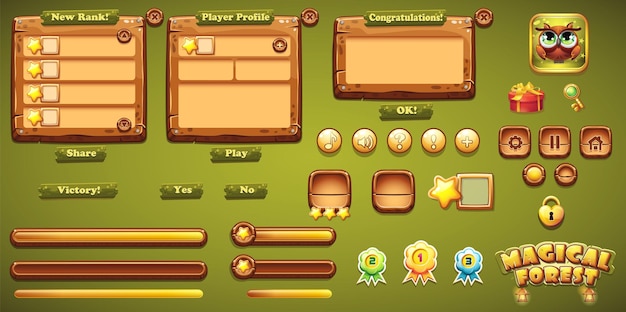 set wooden buttons progress bars bars objects boosters