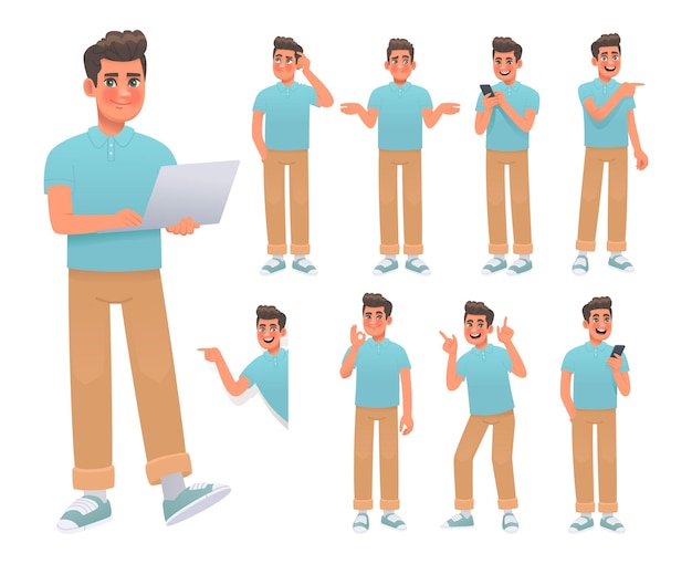 set young man character various pose actions guy holds laptop makes choice gesticulates_ai_generated