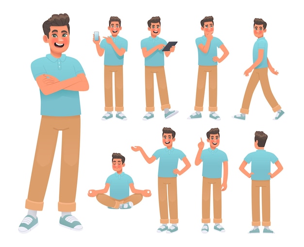 set young man character various poses actions happy guy thinks meditates uses gadgets_ai_generated