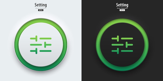 Setting icon A set of black and white buttons have green neon lights with setting symbols 3D icon in trendy neumorphic style for apps websites interfaces UI UX elements Vector illustration