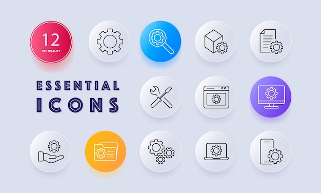 Setting icon set Gear website tuning hand proposal mechanism configuration screwdriver wrench tools laptop file folder monitor phone adjustment optimization Neomorphism style