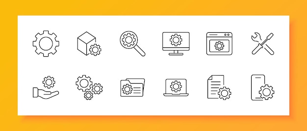 Setting icon set Gear website tuning hand proposal mechanism configuration screwdriver wrench tools laptop file folder monitor phone adjustment optimization Vector line icon
