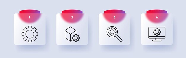 Setting icon set Magnifying glass gear laptop cube square numbering computer monitor tuning adjustment optimization Customizing something concept Glassmorphism style