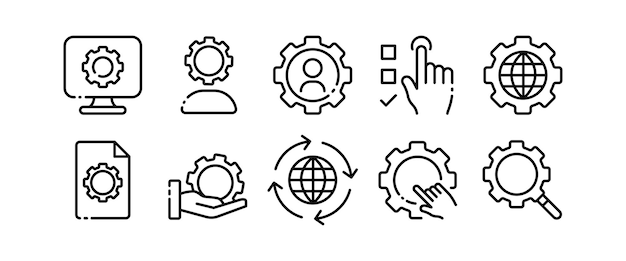 Settings with gears line icon Control panel cube scroll book instruction website tune install adjust configuration file configuration Setup concept Vector line icon on white background