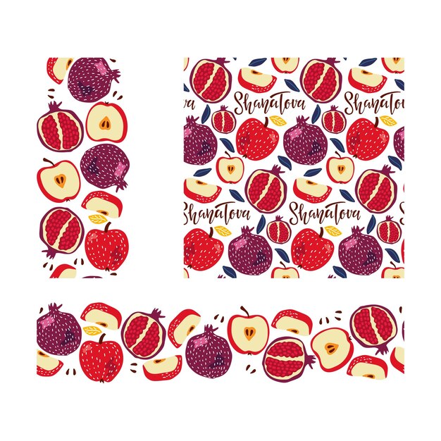 Shana tova backgrounds seamless fruits patterns with handwritten calligraphy lettering apple and