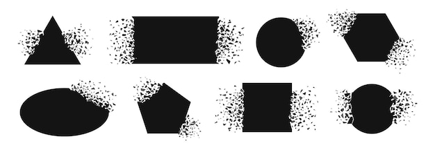 Shape explosion frame exploded and spray particles Black square circle and triangle exploding Shatter plastic broken surface racy vector set