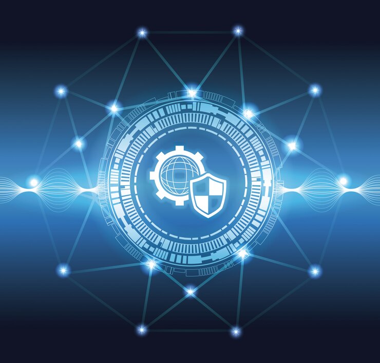 Vector shield and gear security system symbol blue digital concept