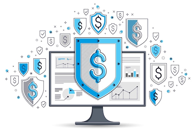 Shield over computer monitor and dollar set of icons, internet financial security concept, online finance protection, vector flat thin line design, elements can be used separately.
