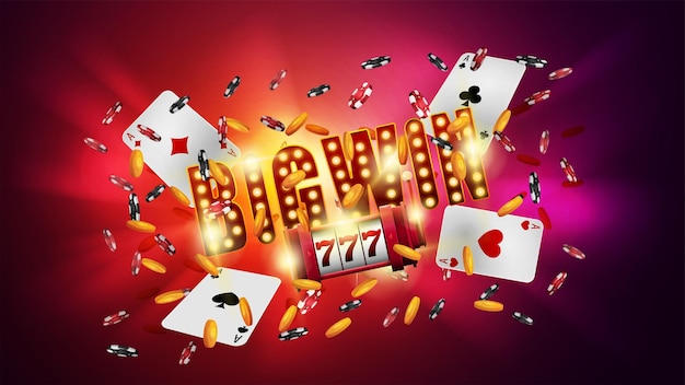 Shining sign Big win with slot machine, cards and falling golden coins and chips on a bright background.
