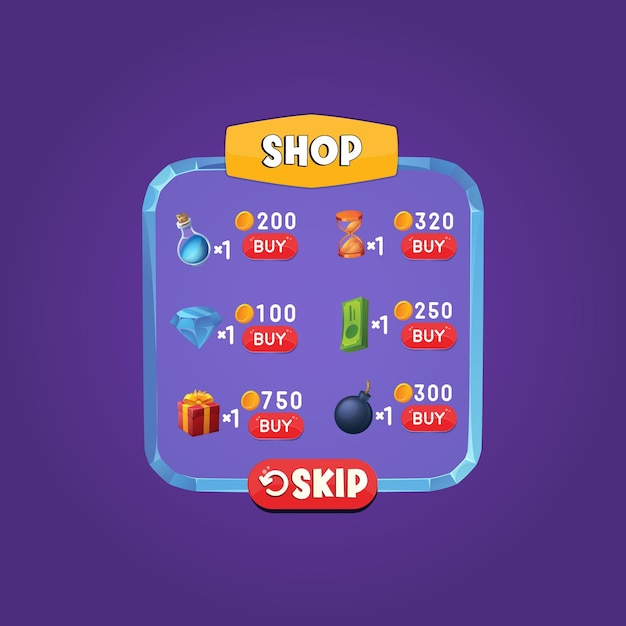 Shop menu and pop window options Mobile application UI elements UI kit collection buttons for mobile development casual games and UI kit