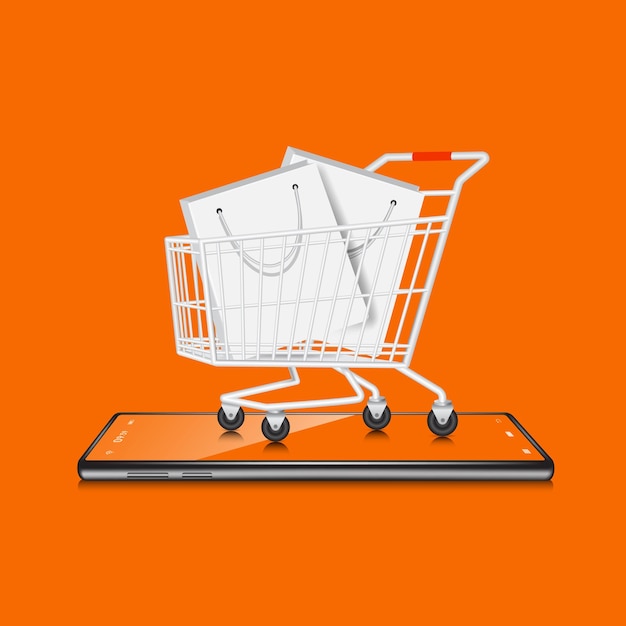 Shopping bag place on shopping cart and oll object on smartphonevector 3d isolated on orange background for online concept design